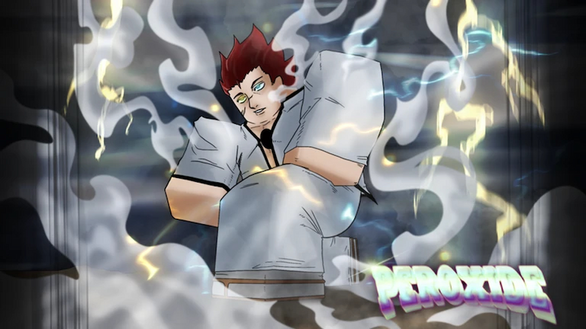 Anime-style character using lightning powers in Roblox Peroxide game artwork.